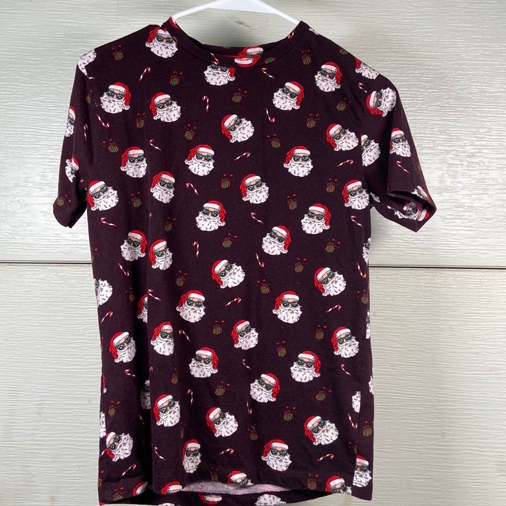 Boys Denim & Flower Santa Shirt Size 11/12‎ Short Sleeve All Over Print